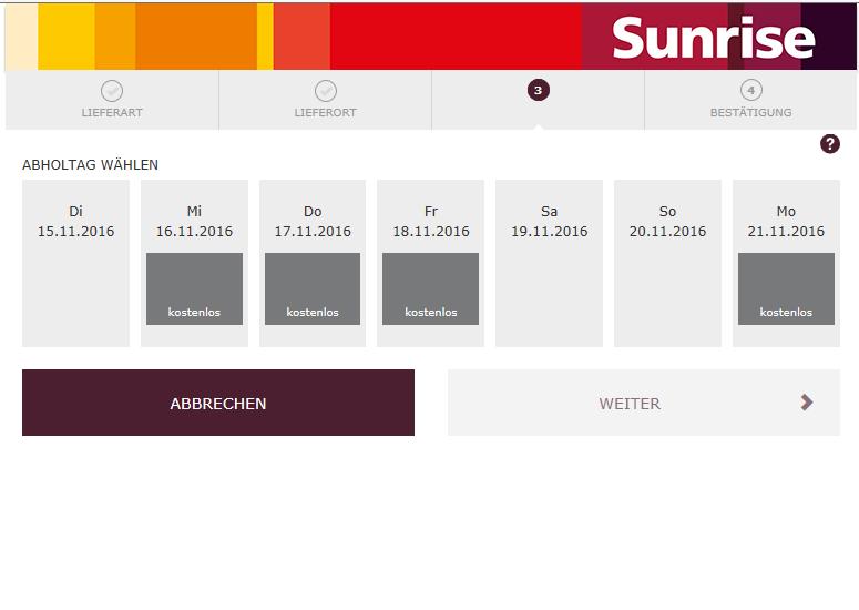 Sunrise liefert neu auf Termin nach Hause